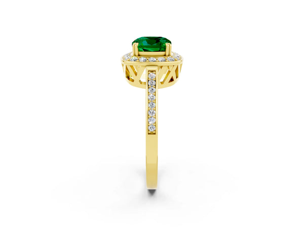 Yellow gold Cushion Cut Emerald Halo Ring with Split Shank and Four-Prong Setting