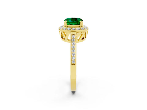 Yellow gold Cushion Cut Emerald Halo Ring with Split Shank and Four-Prong Setting_2