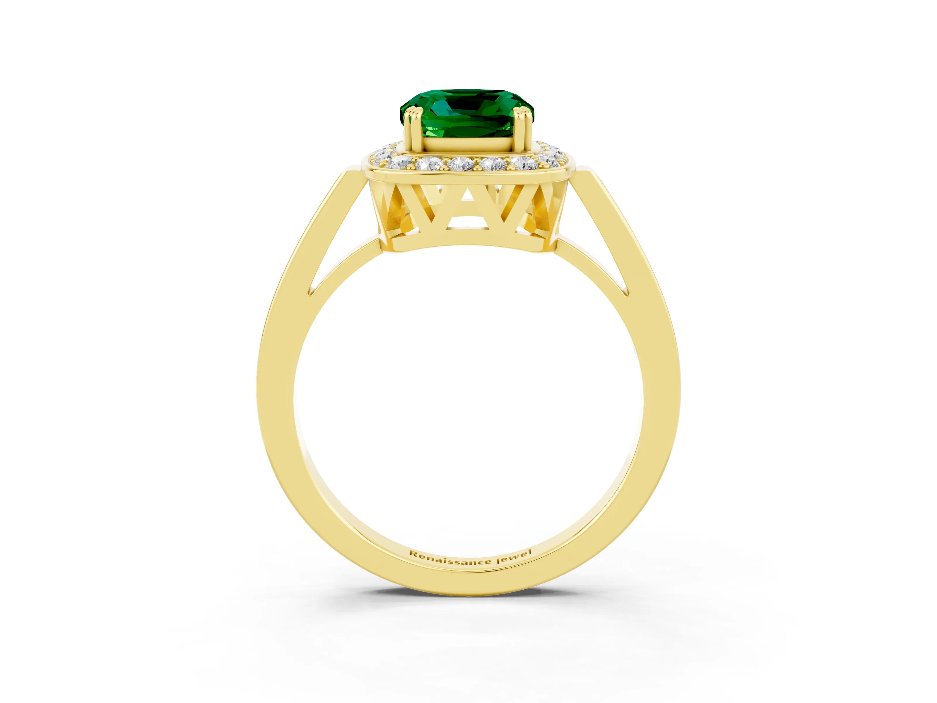 Yellow gold Cushion Cut Emerald Halo Ring with Split Shank and Four-Prong Setting_3