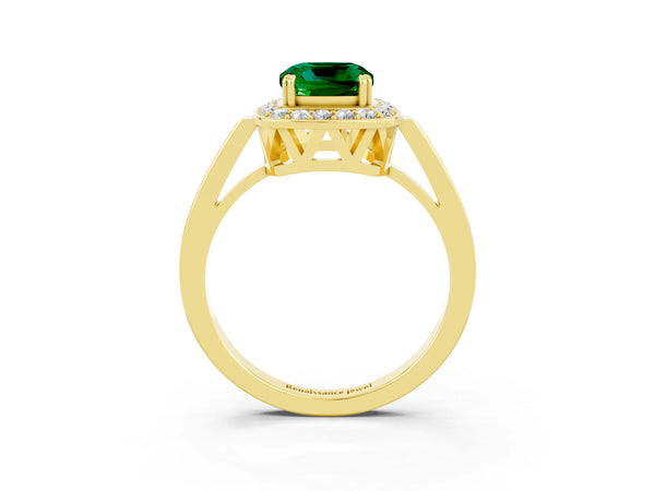 Yellow gold Cushion Cut Emerald Halo Ring with Split Shank and Four-Prong Setting