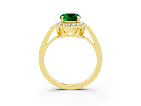 Yellow gold Cushion Cut Emerald Halo Ring with Split Shank and Four-Prong Setting_3