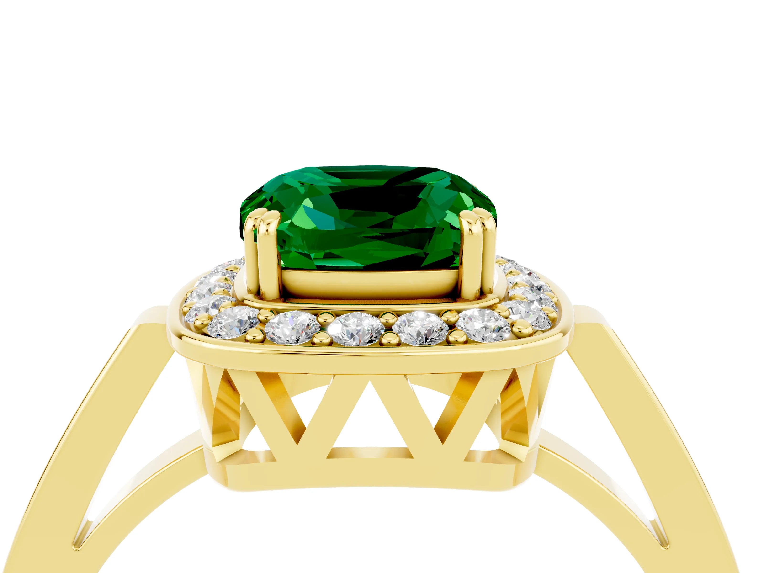 Yellow gold Cushion Cut Emerald Halo Ring with Split Shank and Four-Prong Setting_4