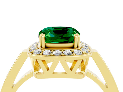 Yellow gold Cushion Cut Emerald Halo Ring with Split Shank and Four-Prong Setting_4