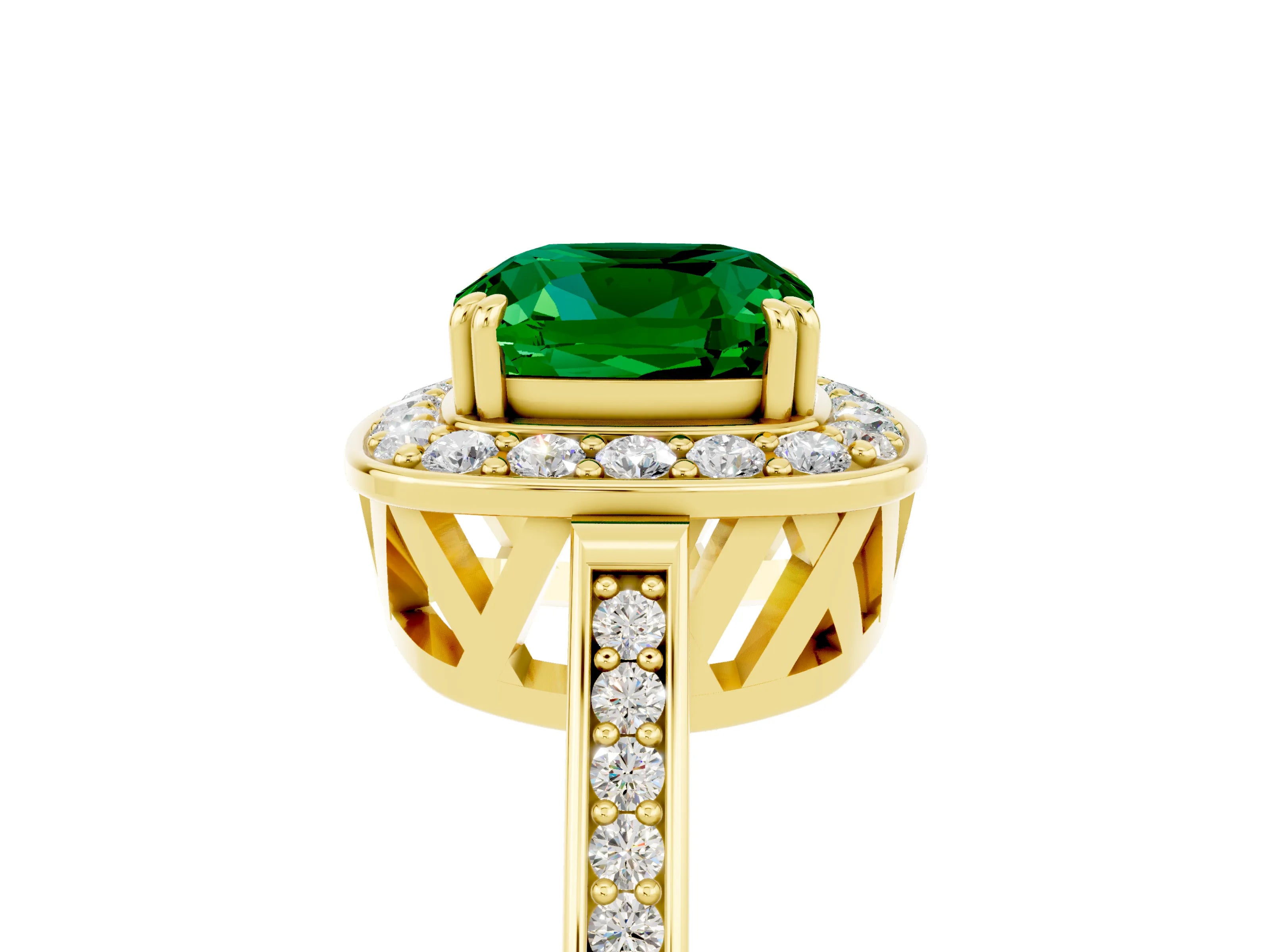 Yellow gold Cushion Cut Emerald Halo Ring with Split Shank and Four-Prong Setting_5