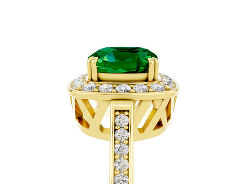 Yellow gold Cushion Cut Emerald Halo Ring with Split Shank and Four-Prong Setting_5