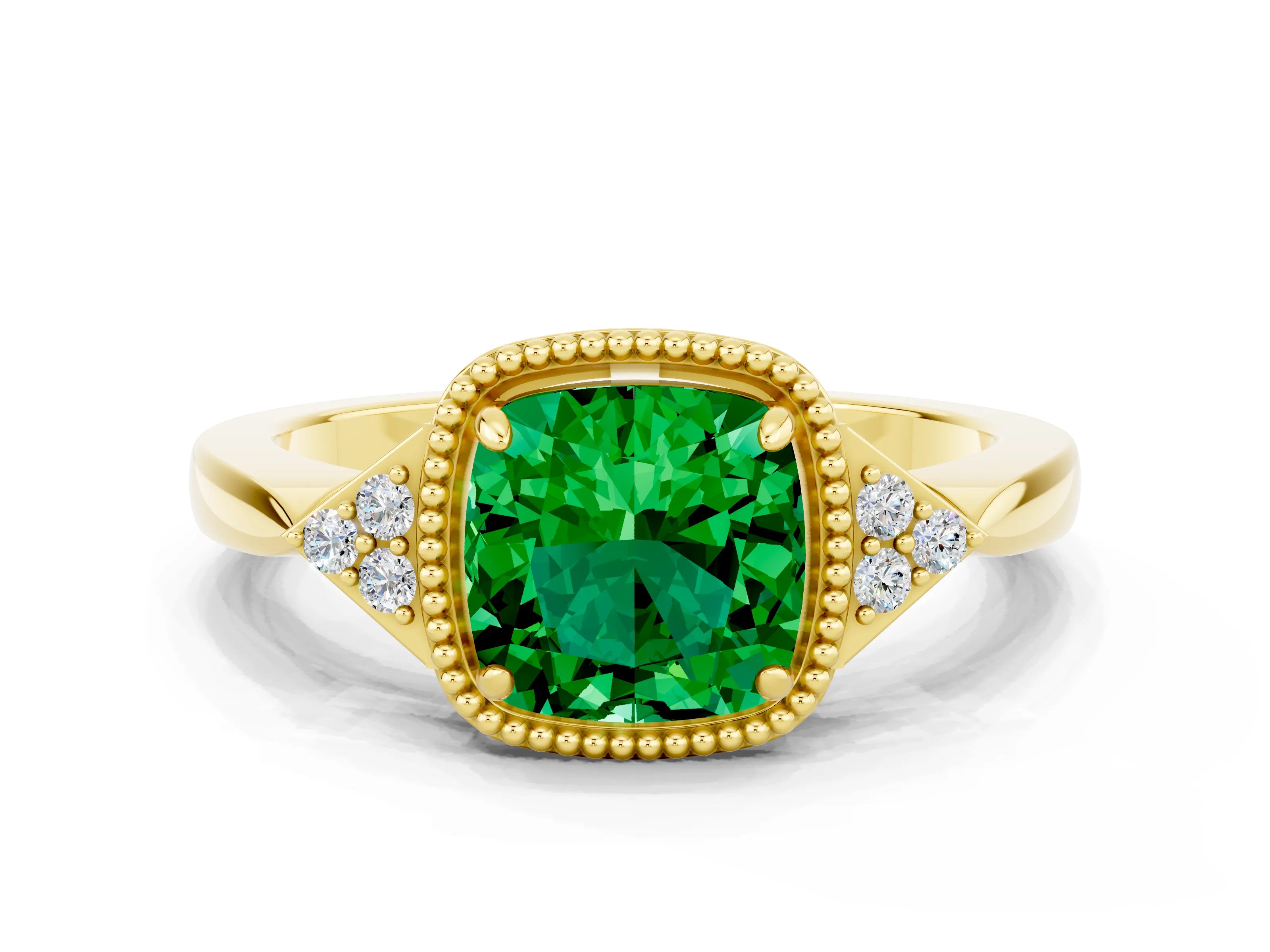 Yellow gold Cushion Cut Emerald Halo Ring with Tapered Band and Four-Prong Setting
