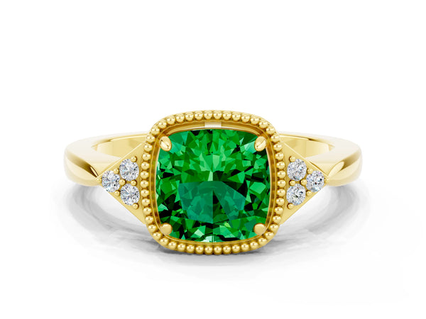 Yellow gold Cushion Cut Emerald Halo Ring with Tapered Band and Four-Prong Setting