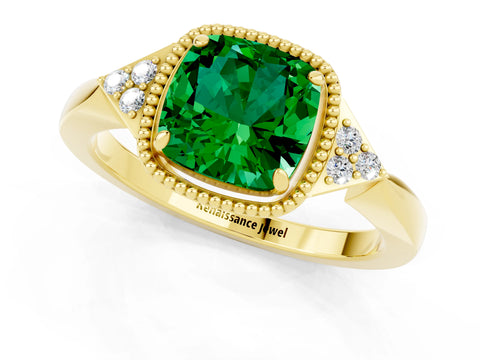 Yellow gold Cushion Cut Emerald Halo Ring with Tapered Band and Four-Prong Setting_1