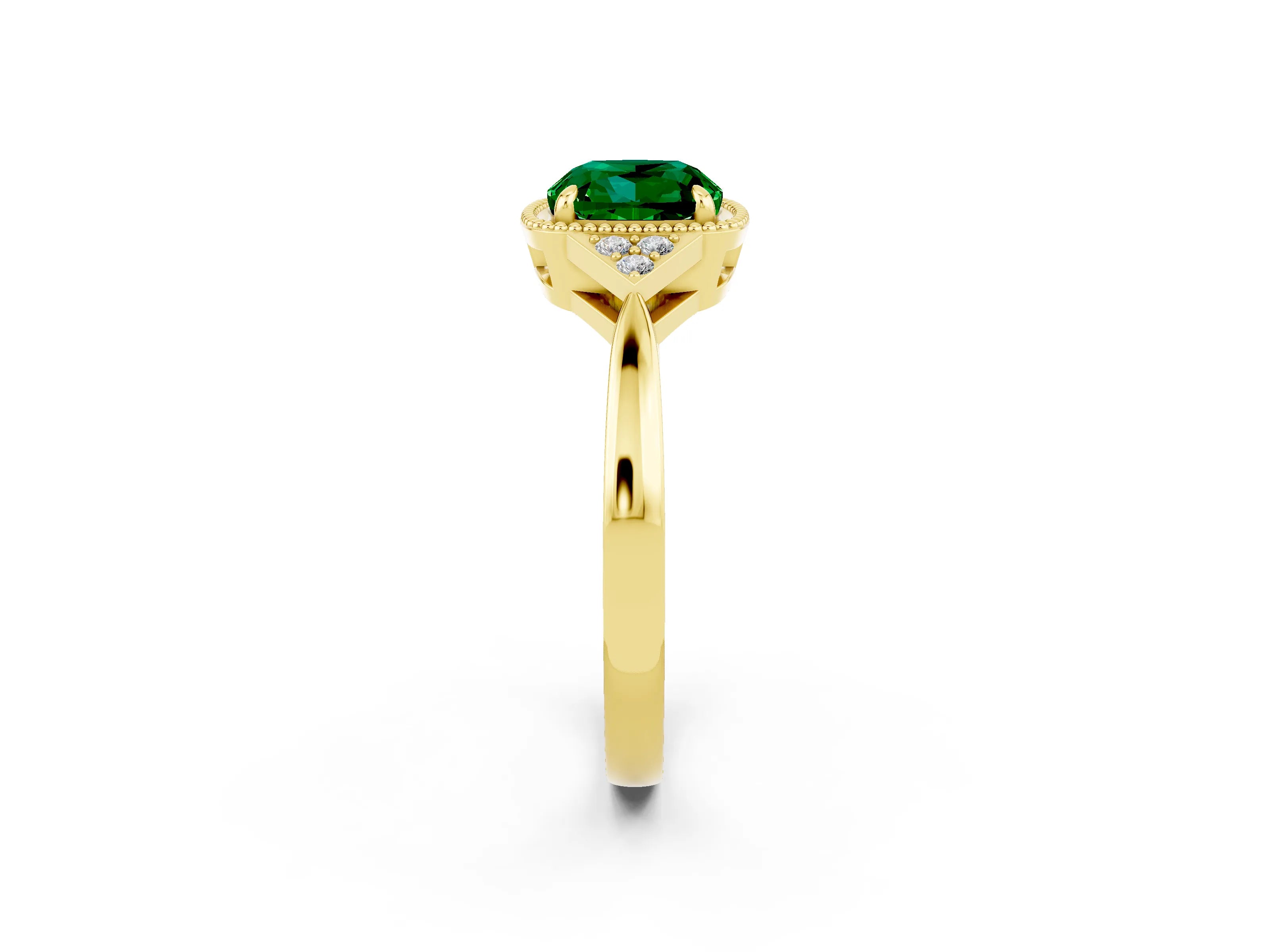 Yellow gold Cushion Cut Emerald Halo Ring with Tapered Band and Four-Prong Setting_2