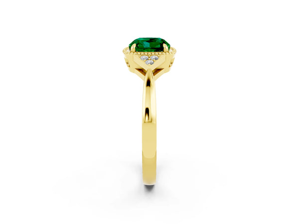 Yellow gold Cushion Cut Emerald Halo Ring with Tapered Band and Four-Prong Setting
