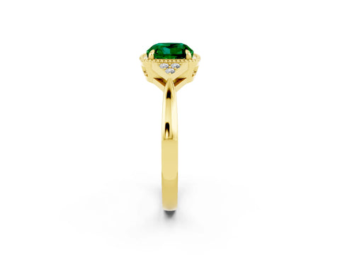 Yellow gold Cushion Cut Emerald Halo Ring with Tapered Band and Four-Prong Setting_2