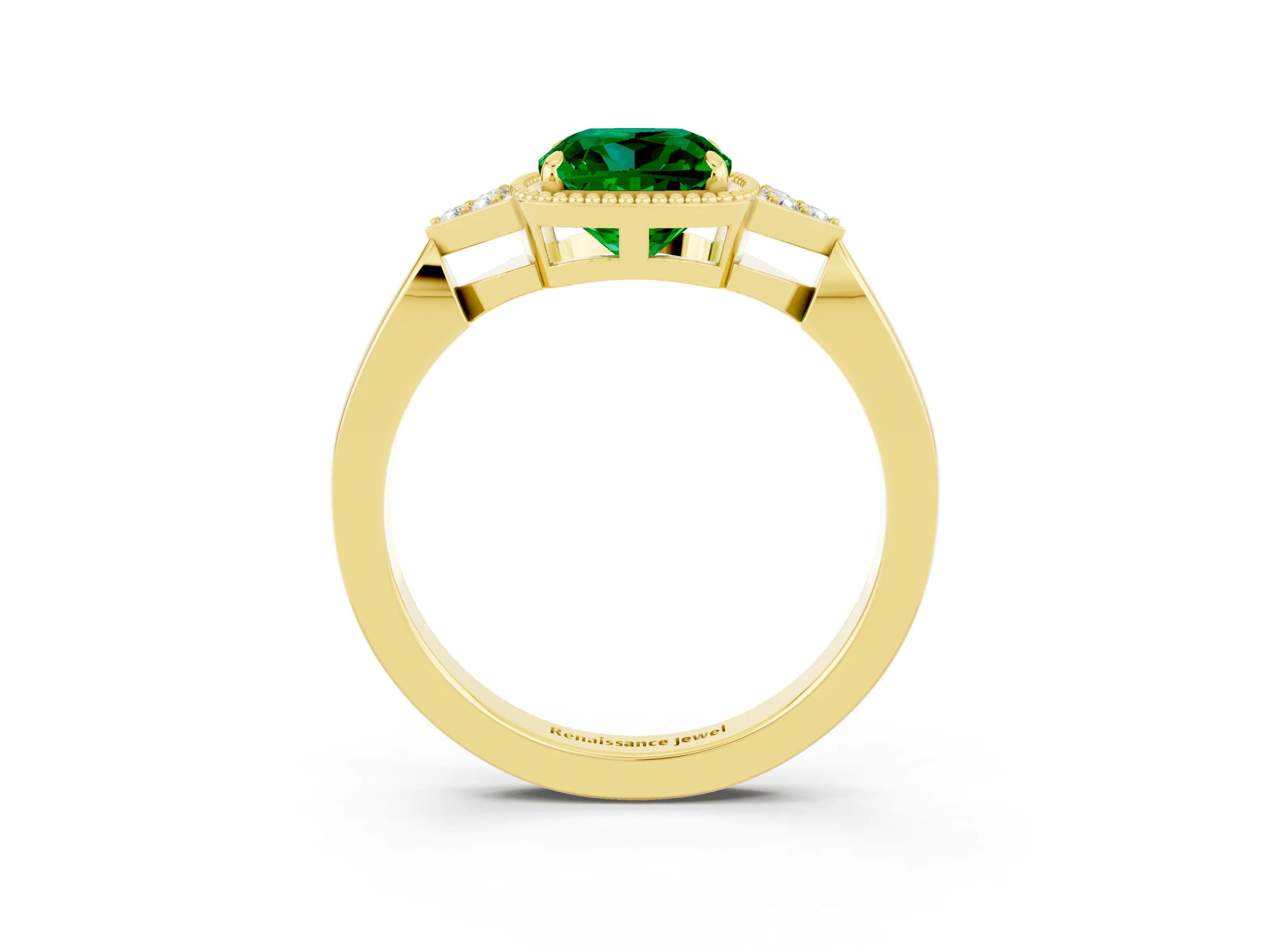 Yellow gold Cushion Cut Emerald Halo Ring with Tapered Band and Four-Prong Setting_3