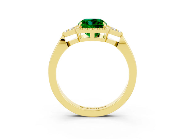 Yellow gold Cushion Cut Emerald Halo Ring with Tapered Band and Four-Prong Setting