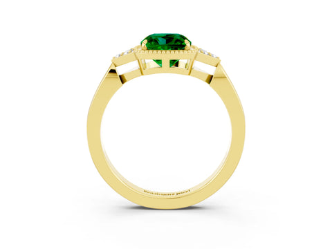 Yellow gold Cushion Cut Emerald Halo Ring with Tapered Band and Four-Prong Setting_3