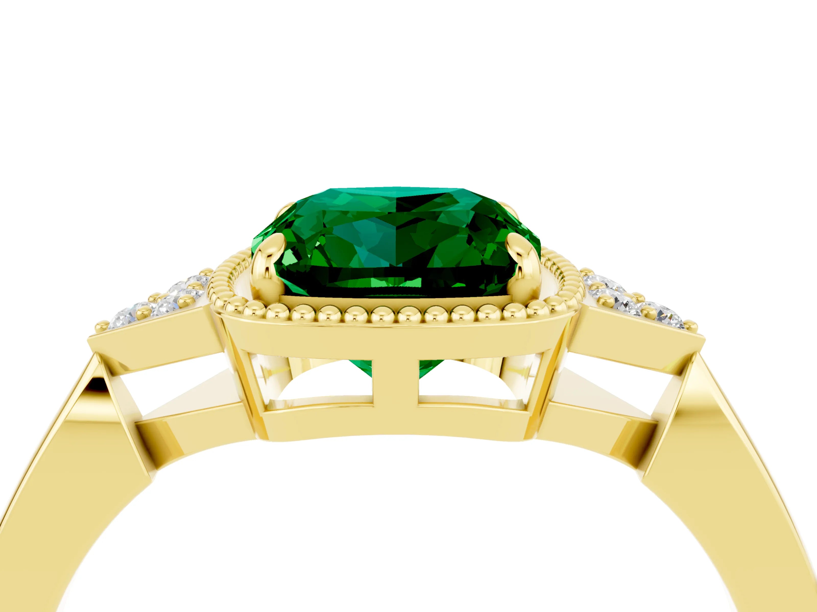 Yellow gold Cushion Cut Emerald Halo Ring with Tapered Band and Four-Prong Setting_4