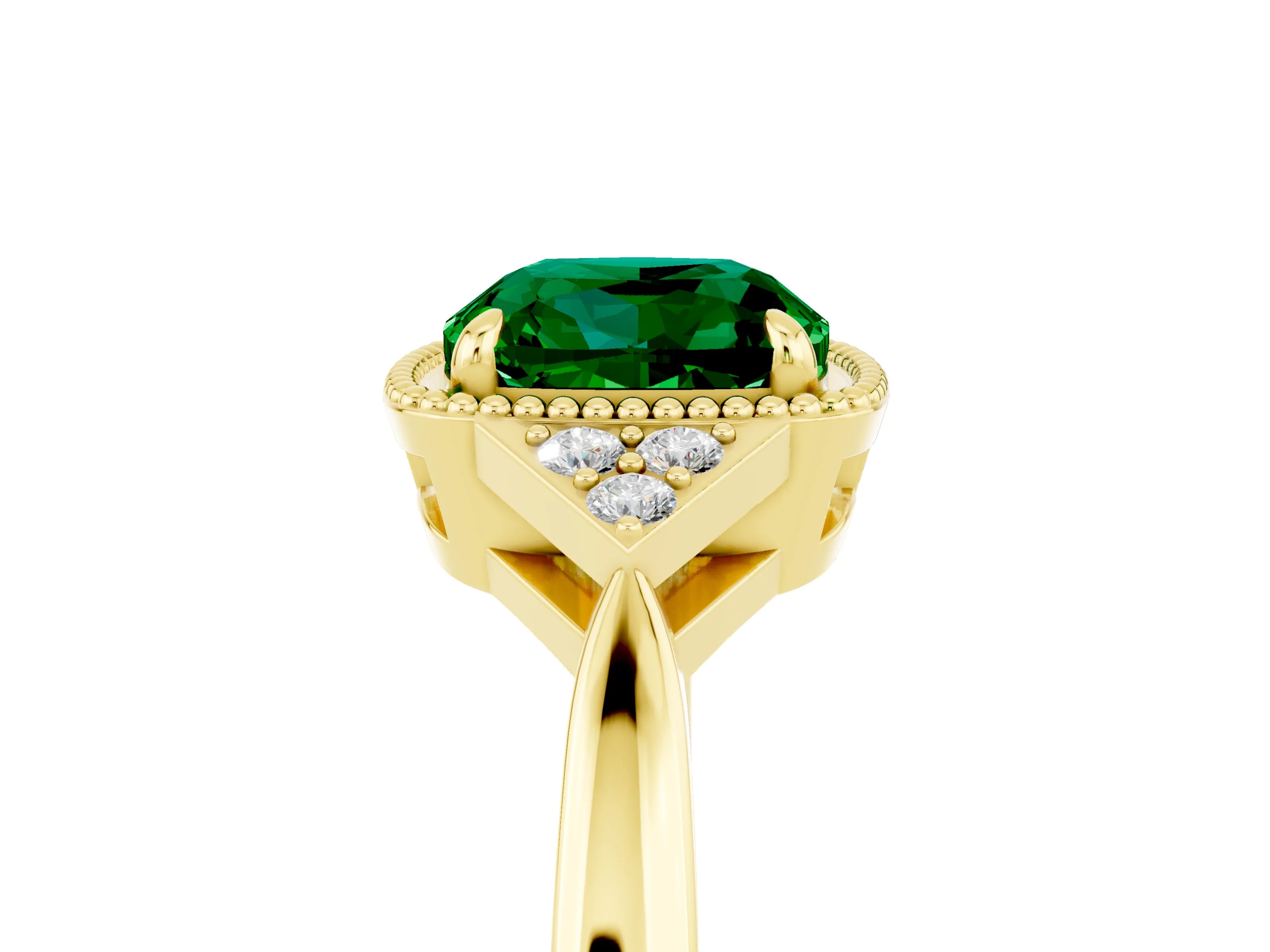 Yellow gold Cushion Cut Emerald Halo Ring with Tapered Band and Four-Prong Setting_5