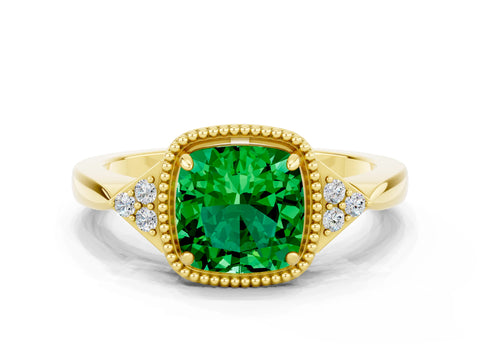 Yellow gold Cushion Cut Emerald Halo Ring with Tapered Band and Four-Prong Setting