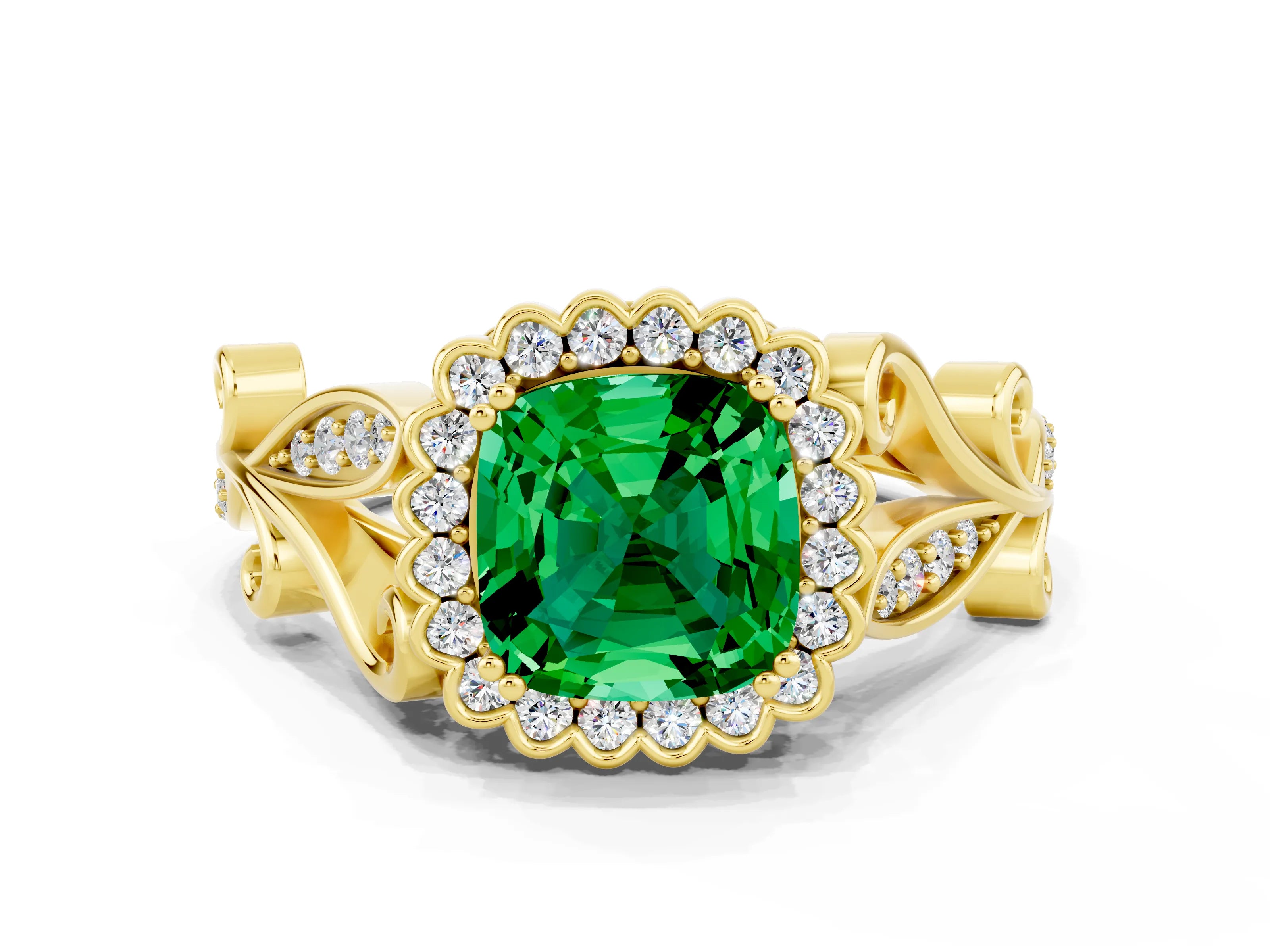 Yellow gold Cushion Cut Emerald Halo Ring with Vintage Split Shank and Four-Prong Setting