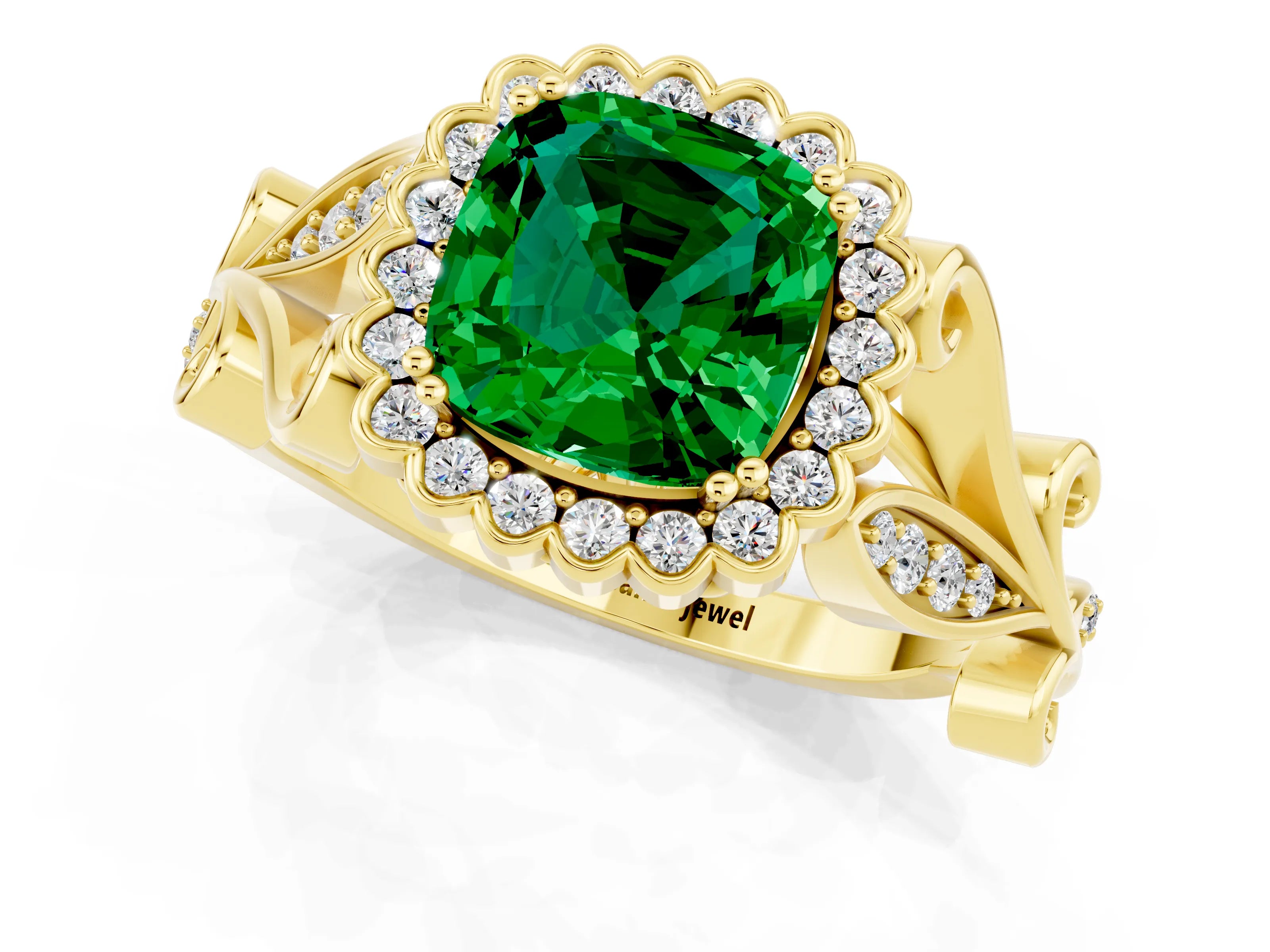 Yellow gold Cushion Cut Emerald Halo Ring with Vintage Split Shank and Four-Prong Setting_1