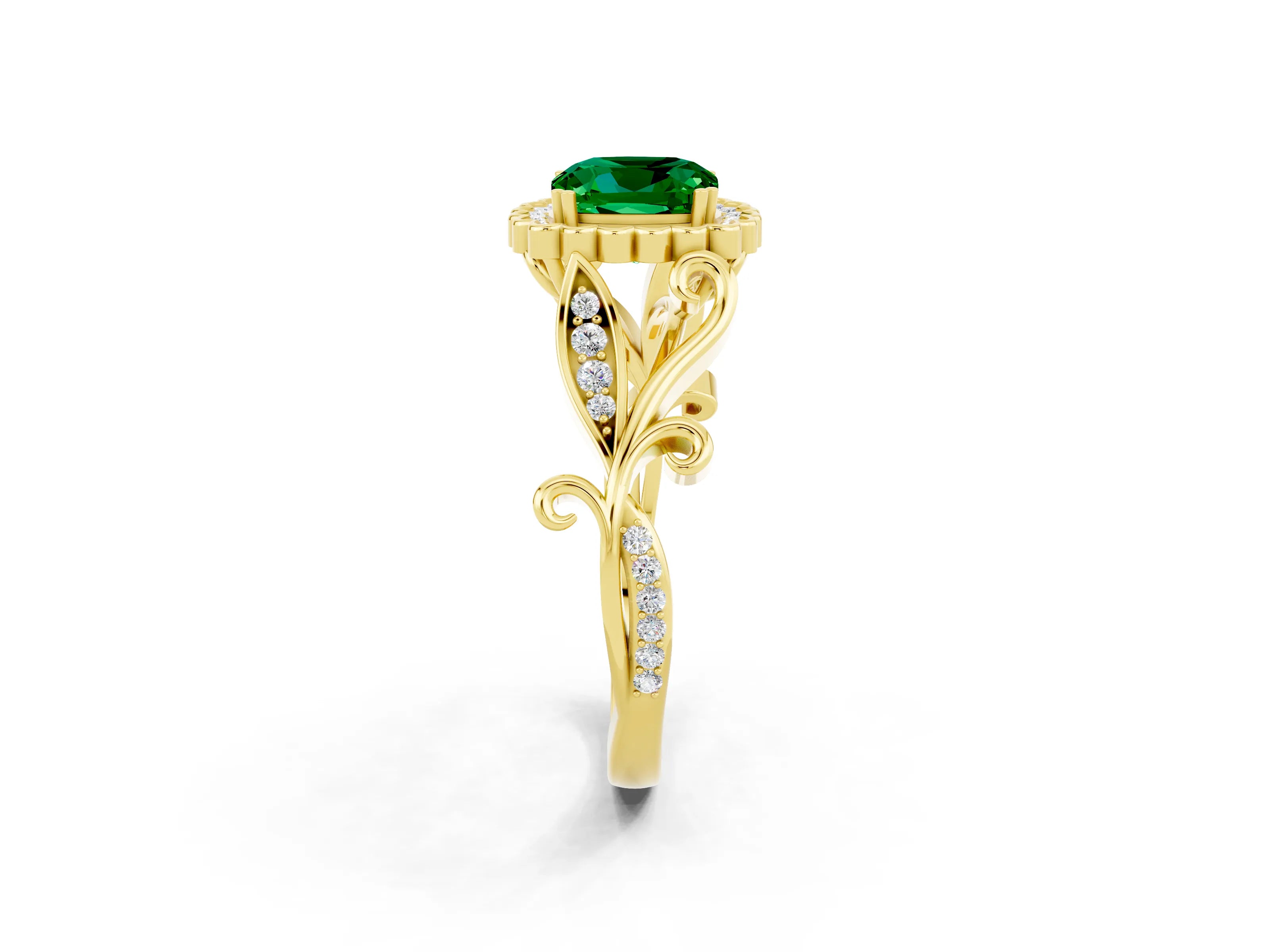 Yellow gold Cushion Cut Emerald Halo Ring with Vintage Split Shank and Four-Prong Setting_2