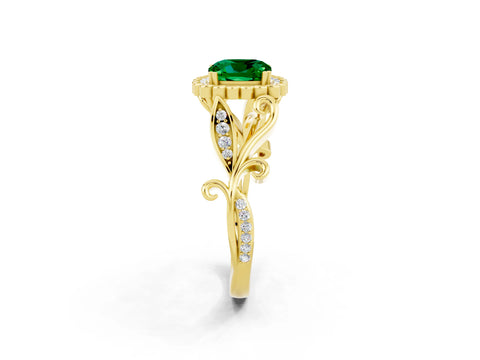 Yellow gold Cushion Cut Emerald Halo Ring with Vintage Split Shank and Four-Prong Setting_2