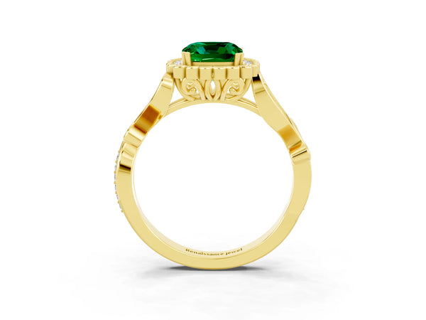 Yellow gold Cushion Cut Emerald Halo Ring with Vintage Split Shank and Four-Prong Setting