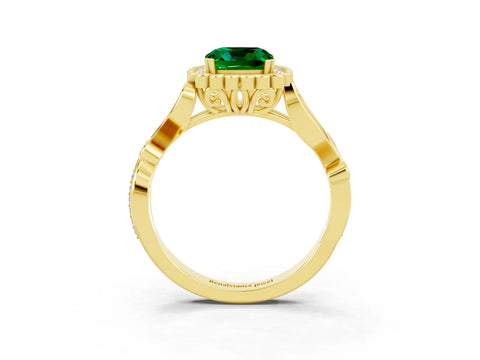 Yellow gold Cushion Cut Emerald Halo Ring with Vintage Split Shank and Four-Prong Setting_3