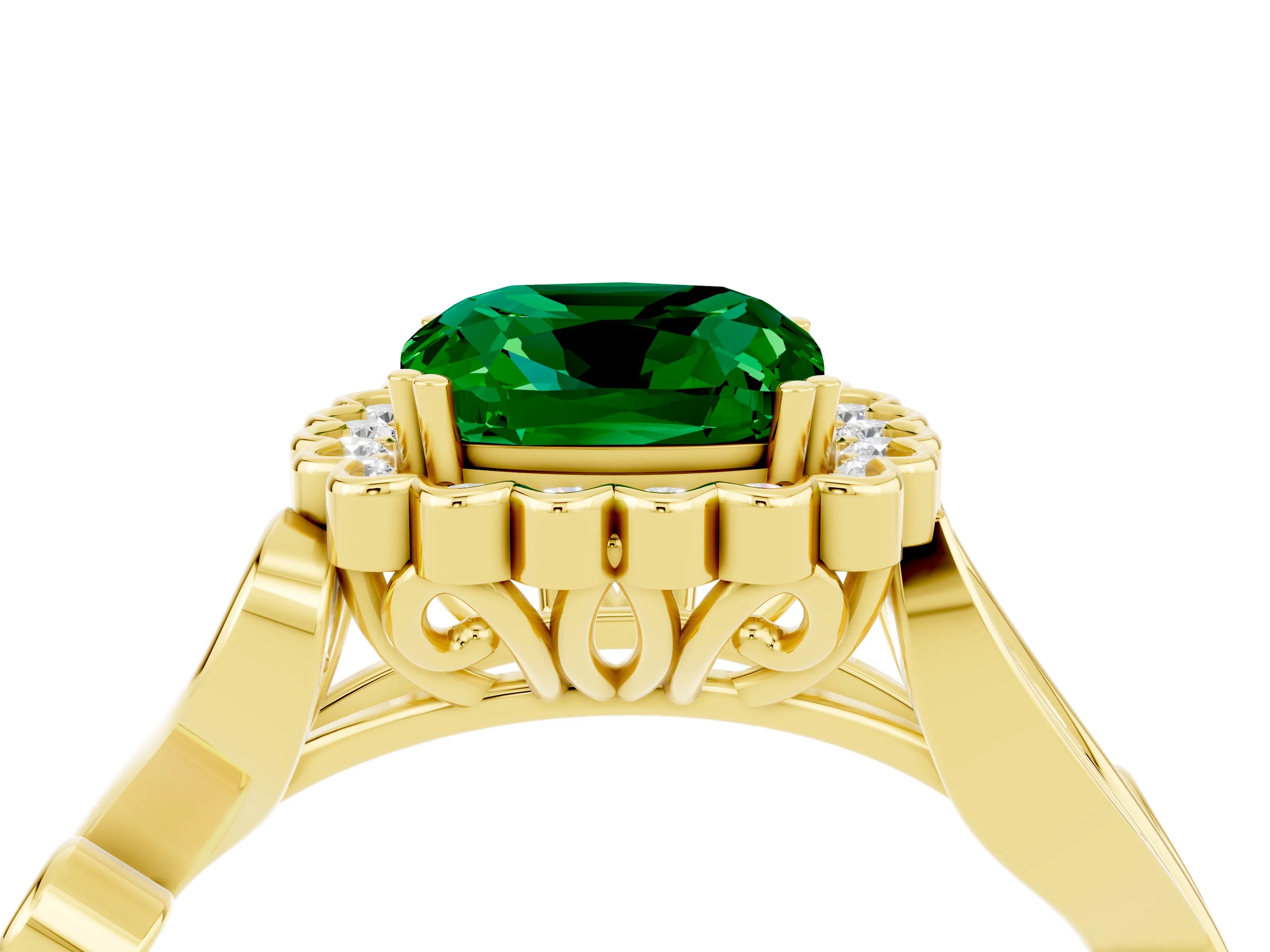 Yellow gold Cushion Cut Emerald Halo Ring with Vintage Split Shank and Four-Prong Setting_4