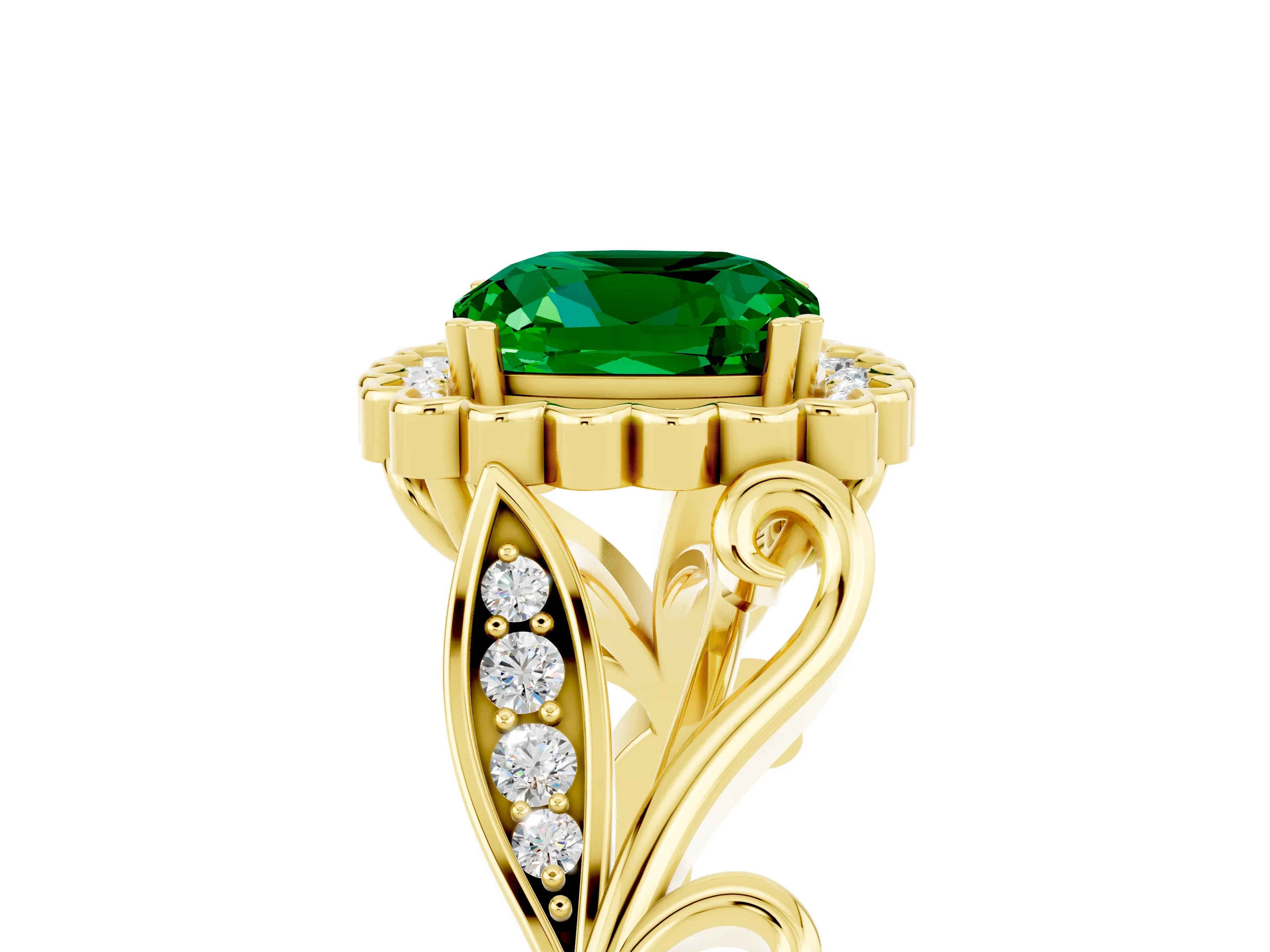 Yellow gold Cushion Cut Emerald Halo Ring with Vintage Split Shank and Four-Prong Setting_5