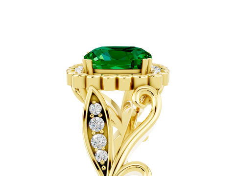 Yellow gold Cushion Cut Emerald Halo Ring with Vintage Split Shank and Four-Prong Setting_5