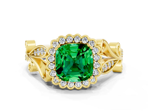 Yellow gold Cushion Cut Emerald Halo Ring with Vintage Split Shank and Four-Prong Setting