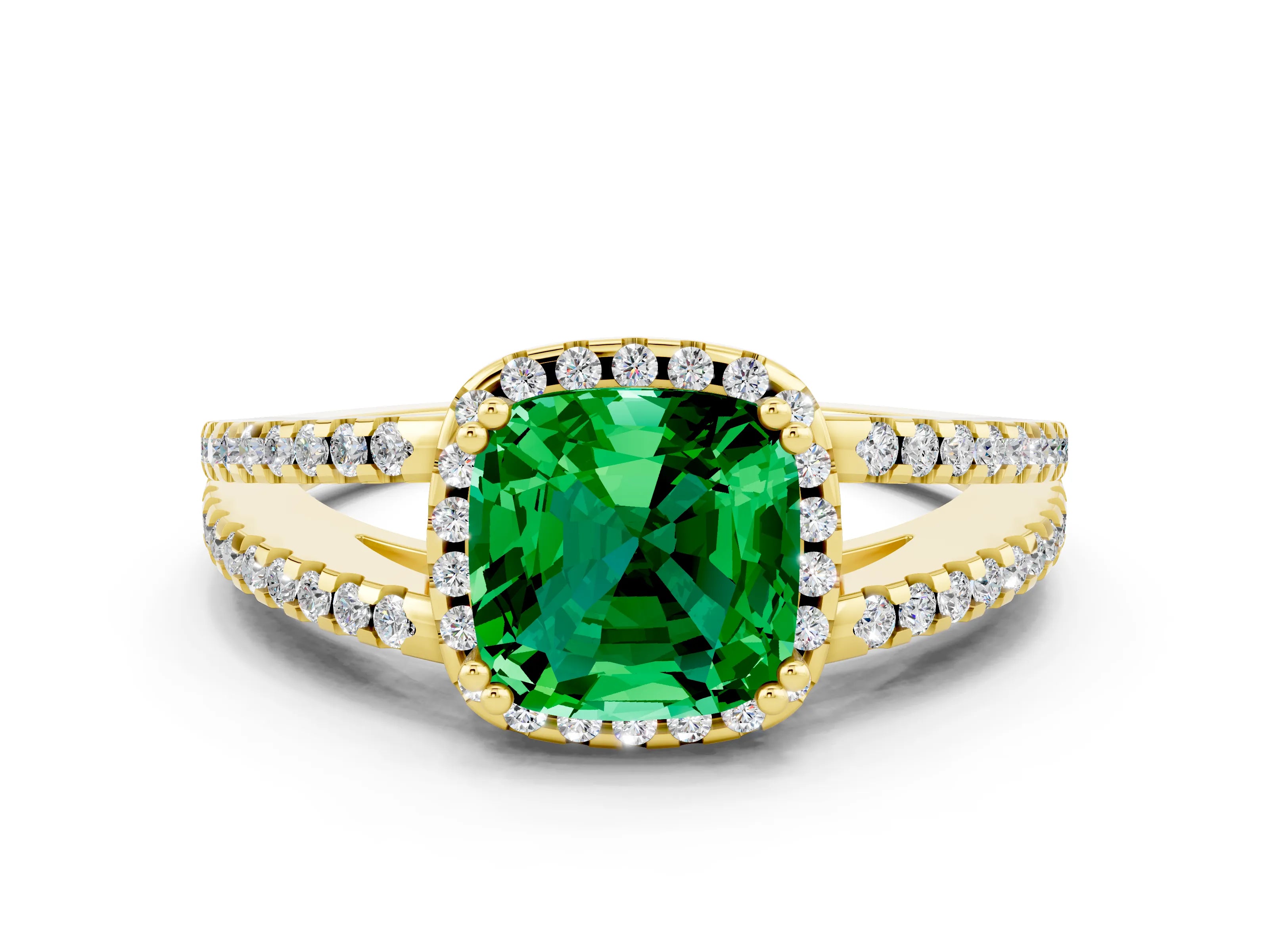 Yellow gold Cushion Cut Emerald Halo Split Shank Engagement Ring_12