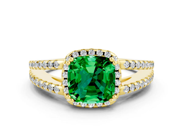 Yellow gold Cushion Cut Emerald Halo Split Shank Engagement Ring