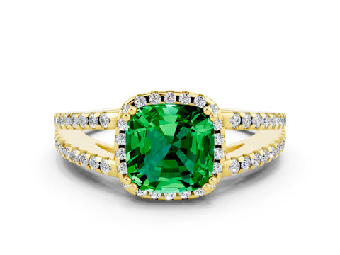 Yellow gold Cushion Cut Emerald Halo Split Shank Engagement Ring_12