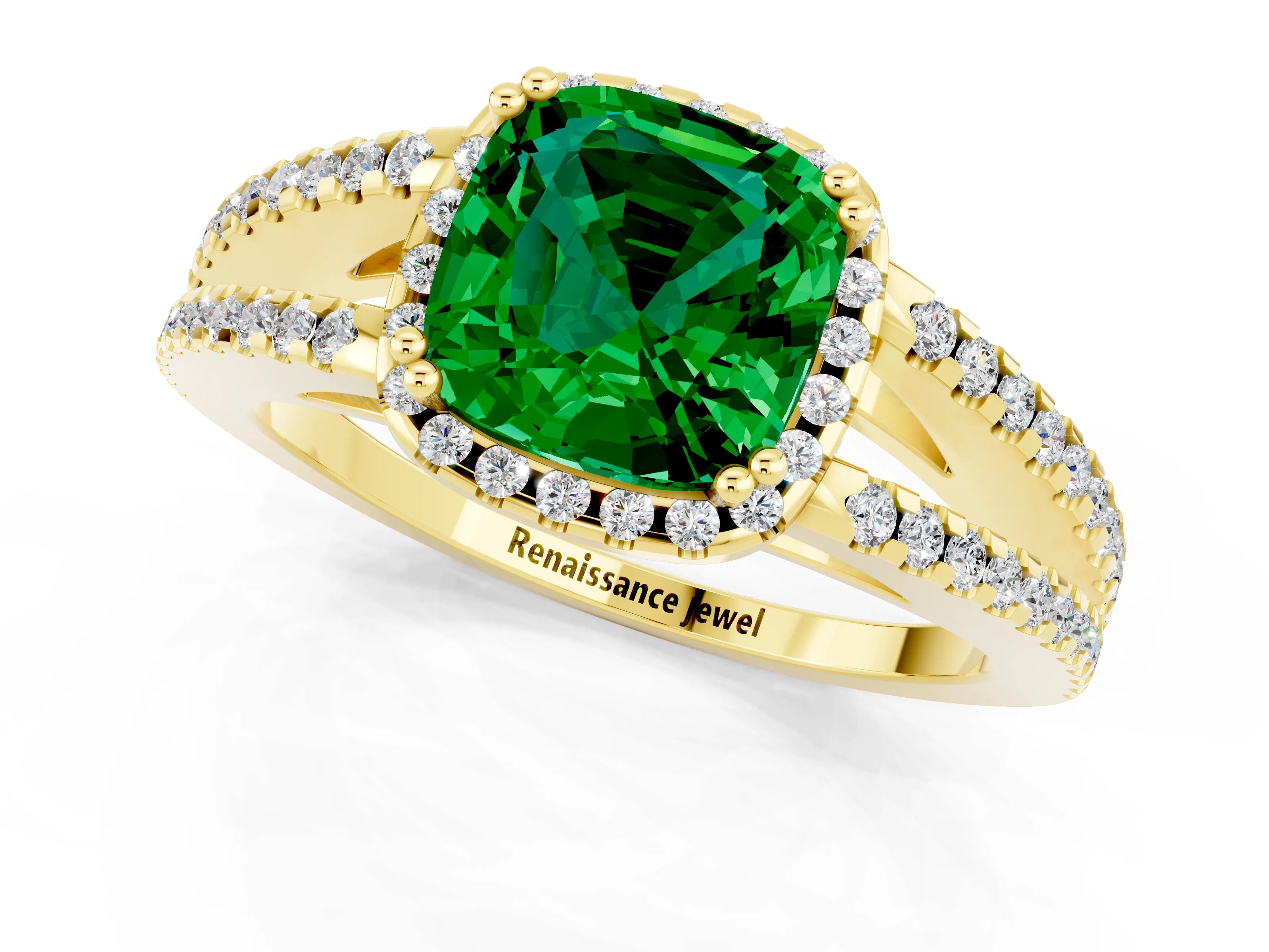 Yellow gold Cushion Cut Emerald Halo Split Shank Engagement Ring_13