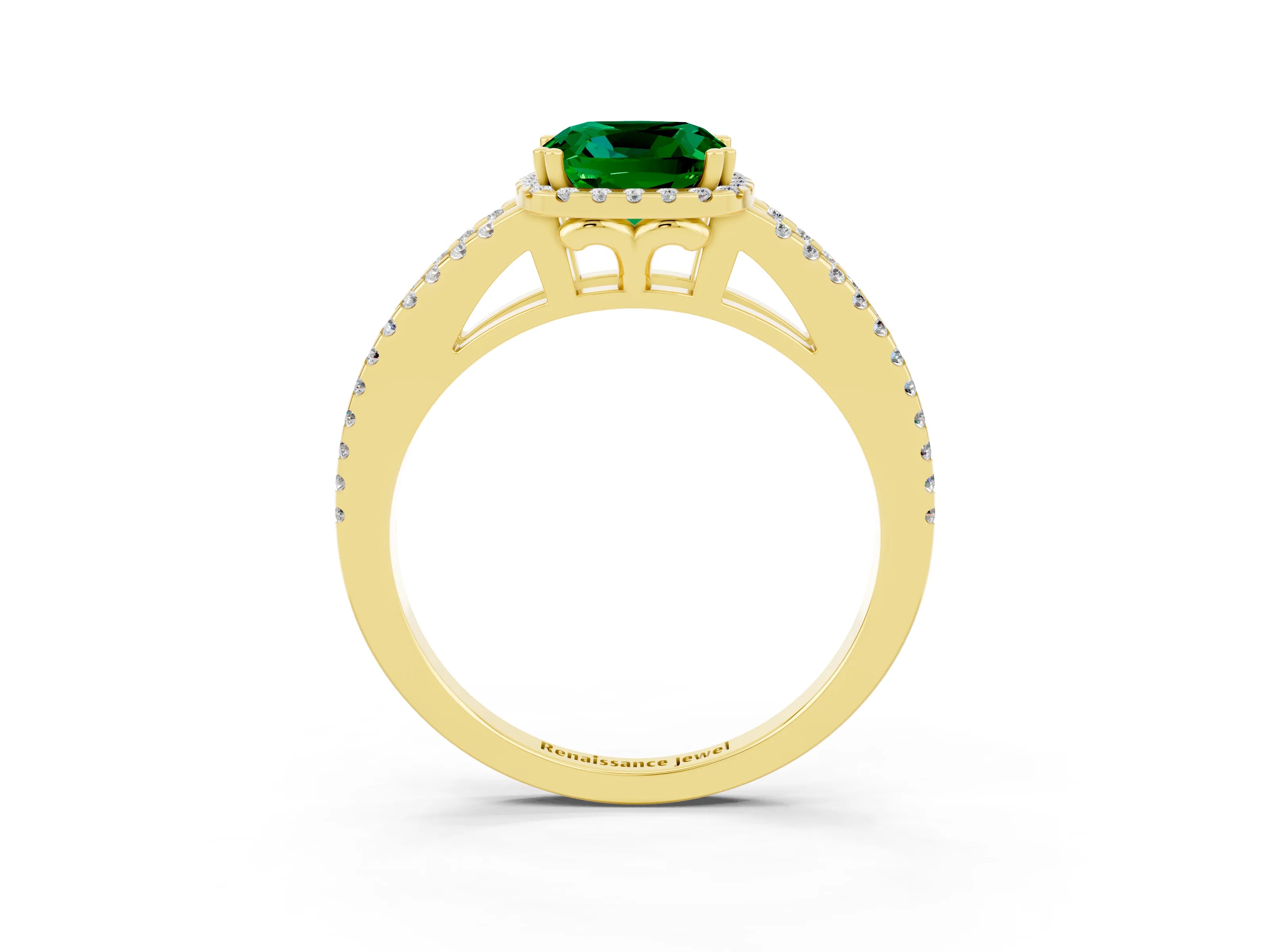 Yellow gold Cushion Cut Emerald Halo Split Shank Engagement Ring_15