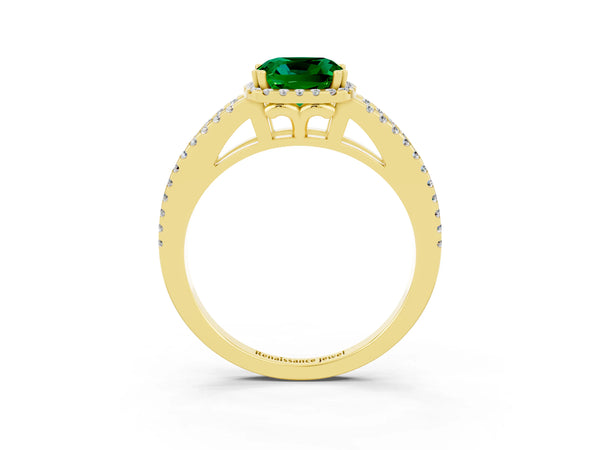 Yellow gold Cushion Cut Emerald Halo Split Shank Engagement Ring
