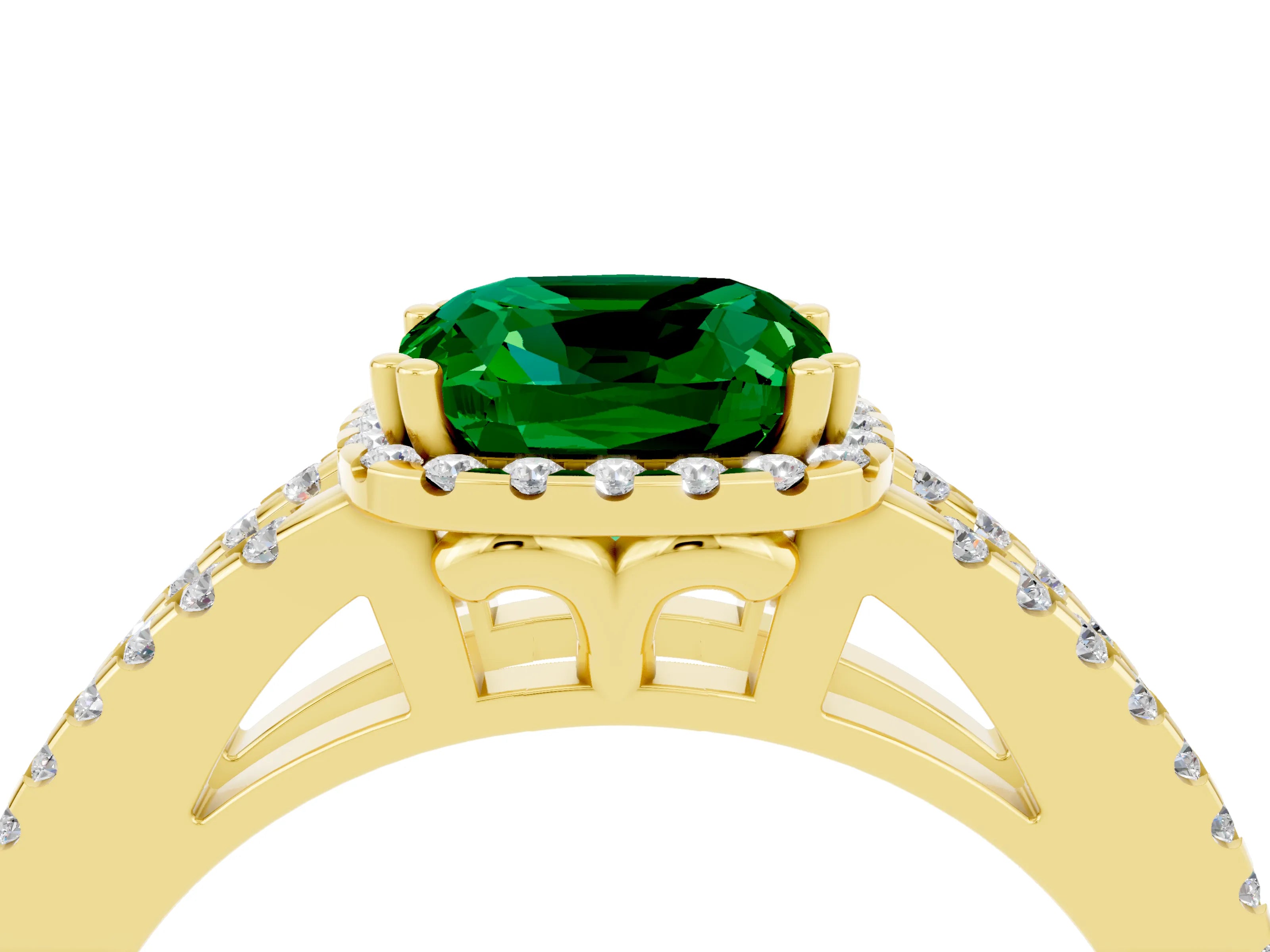 Yellow gold Cushion Cut Emerald Halo Split Shank Engagement Ring_16