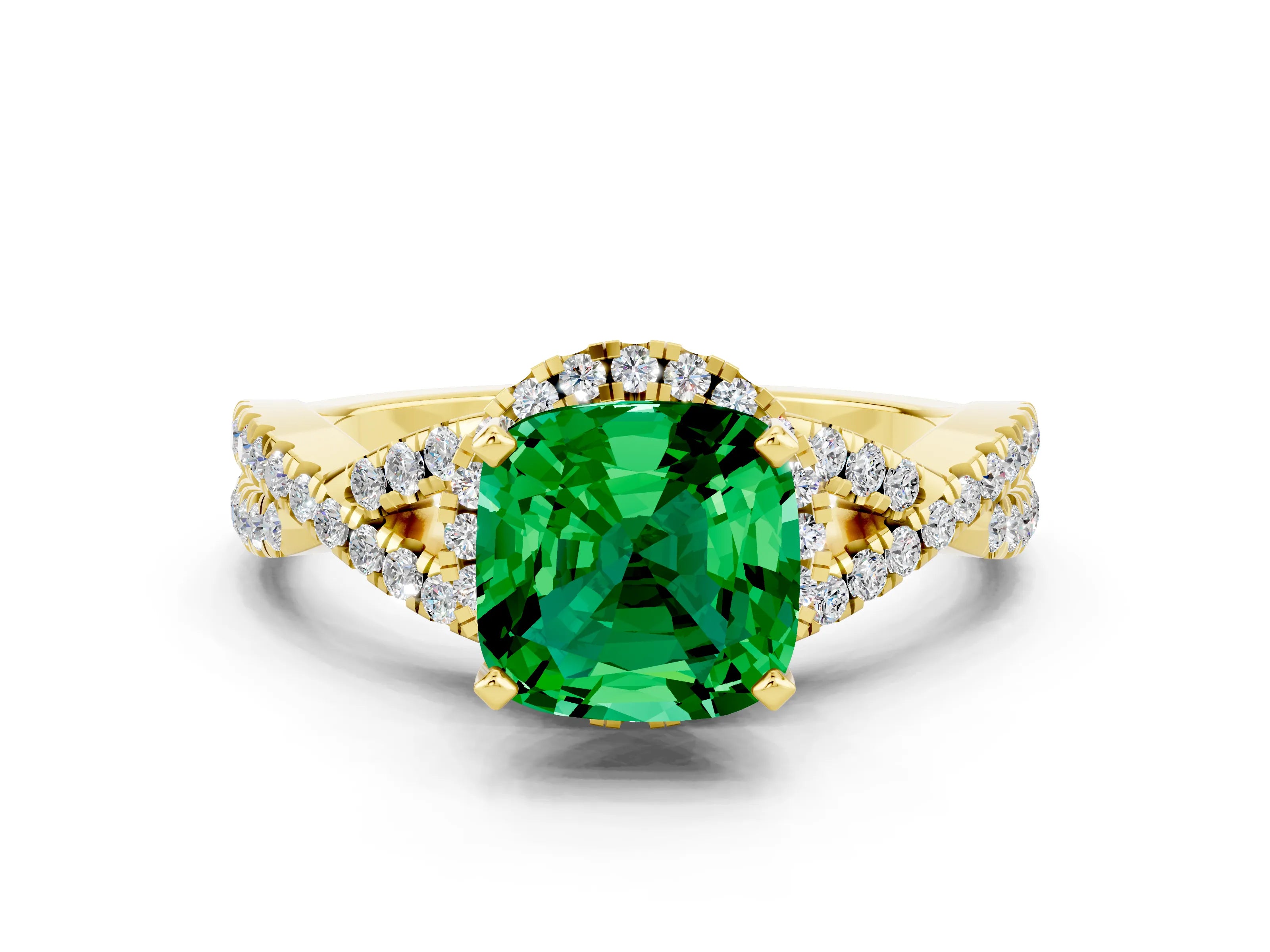 Yellow gold Cushion Cut Emerald Halo Twist Band Solitaire Prong Setting Ring