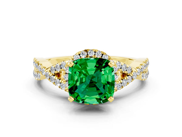 Yellow gold Cushion Cut Emerald  Halo Twist Band Solitaire Prong Setting Ring