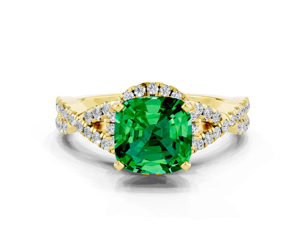 Yellow gold Cushion Cut Emerald  Halo Twist Band Solitaire Prong Setting Ring