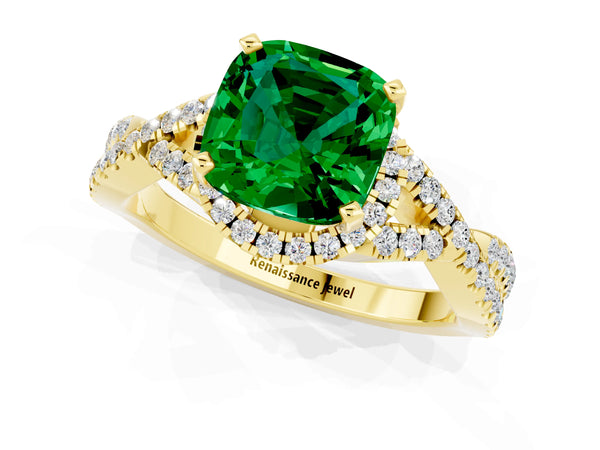 Yellow gold Cushion Cut Emerald  Halo Twist Band Solitaire Prong Setting Ring