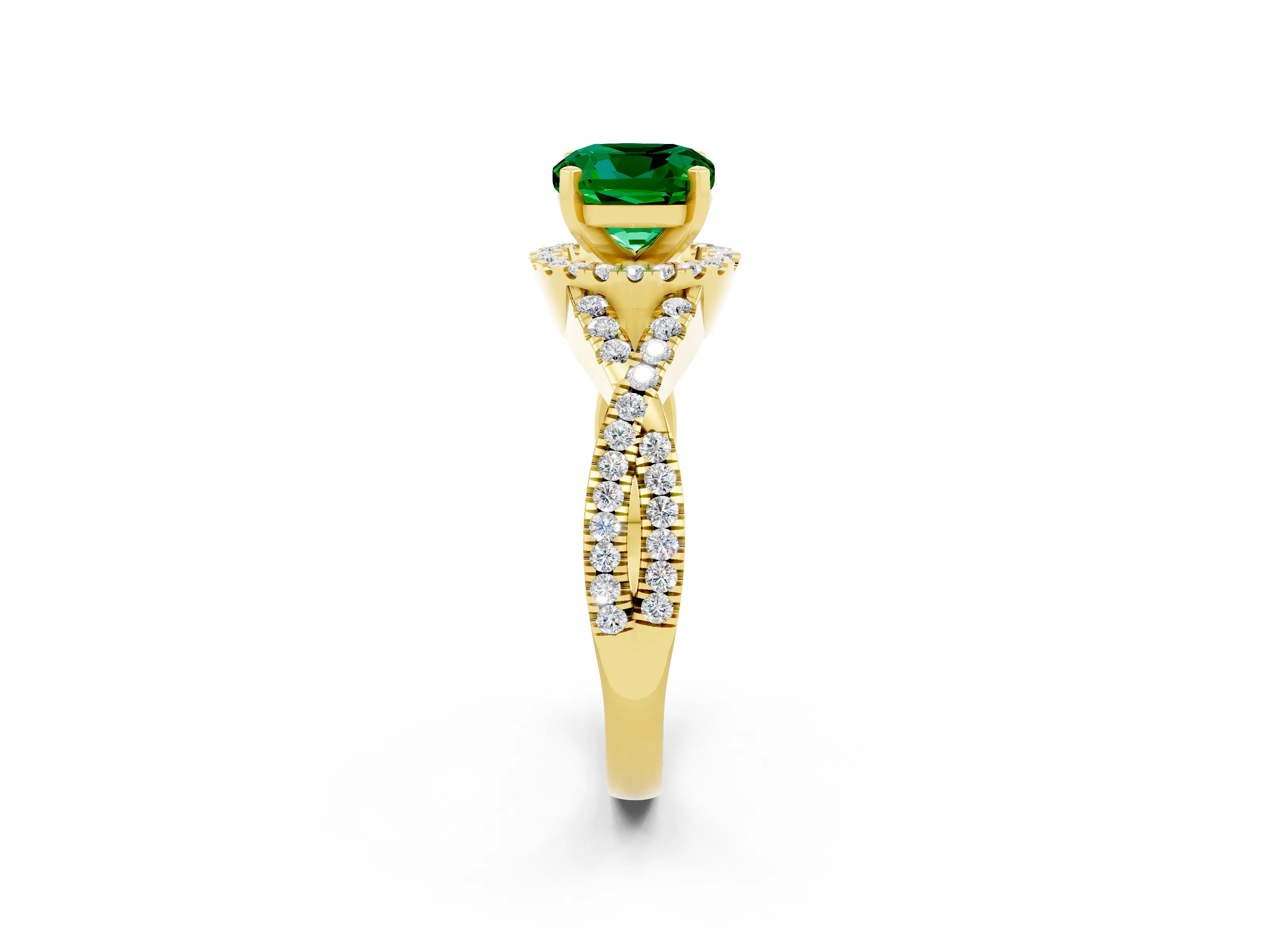 Yellow gold Cushion Cut Emerald Halo Twist Band Solitaire Prong Setting Ring_2