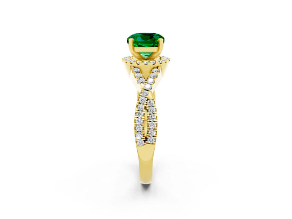 Yellow gold Cushion Cut Emerald  Halo Twist Band Solitaire Prong Setting Ring