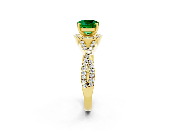 Yellow gold Cushion Cut Emerald  Halo Twist Band Solitaire Prong Setting Ring