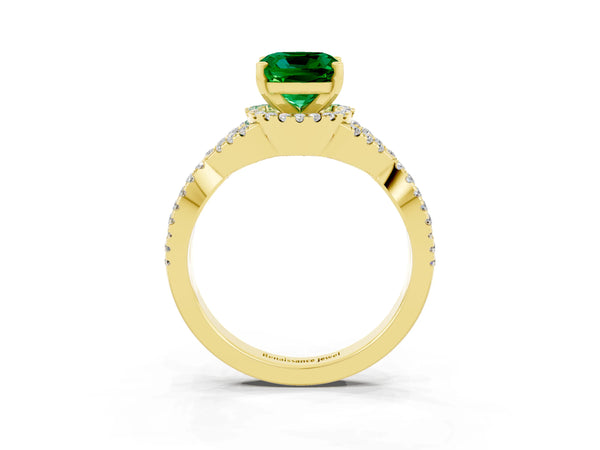Yellow gold Cushion Cut Emerald  Halo Twist Band Solitaire Prong Setting Ring