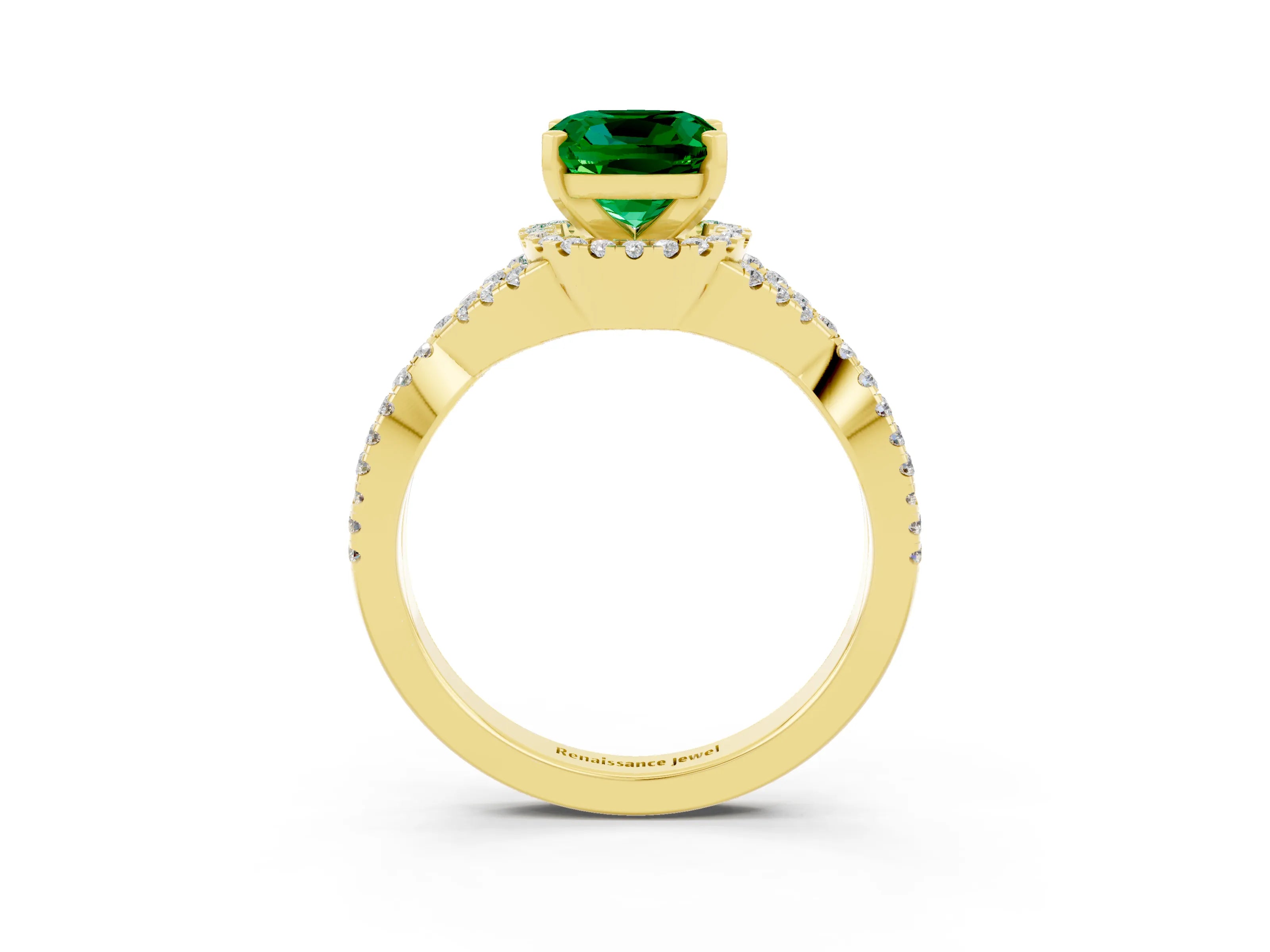 Yellow gold Cushion Cut Emerald Halo Twist Band Solitaire Prong Setting Ring_3
