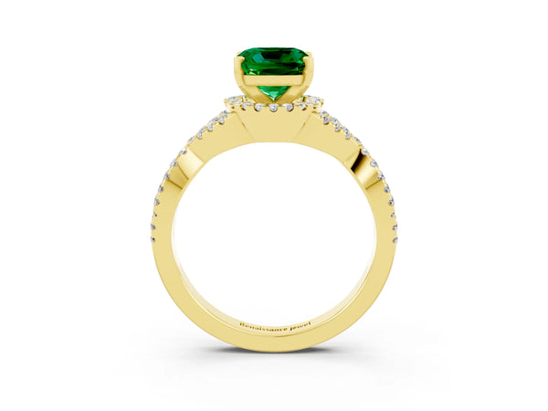 Yellow gold Cushion Cut Emerald  Halo Twist Band Solitaire Prong Setting Ring