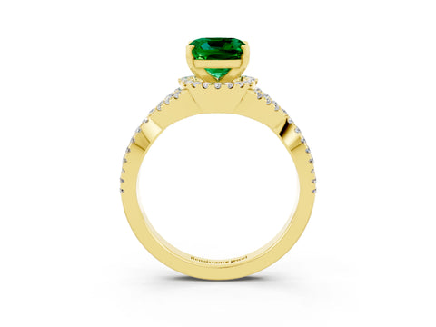 Yellow gold Cushion Cut Emerald Halo Twist Band Solitaire Prong Setting Ring_3