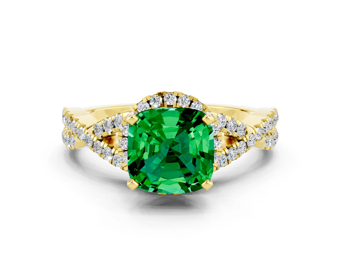Yellow gold Cushion Cut Emerald  Halo Twist Band Solitaire Prong Setting Ring_42